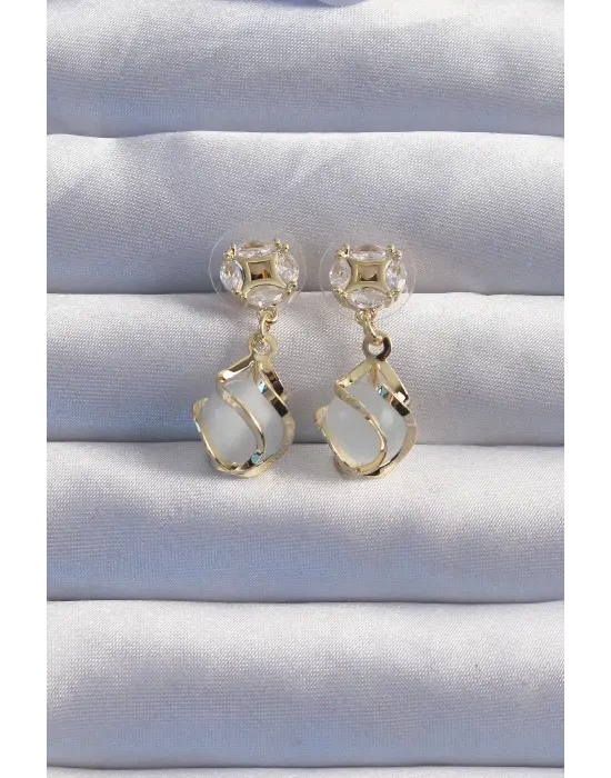  Altın Zirkon Taşlı Sedefli Küre Tasarımlı Küpe