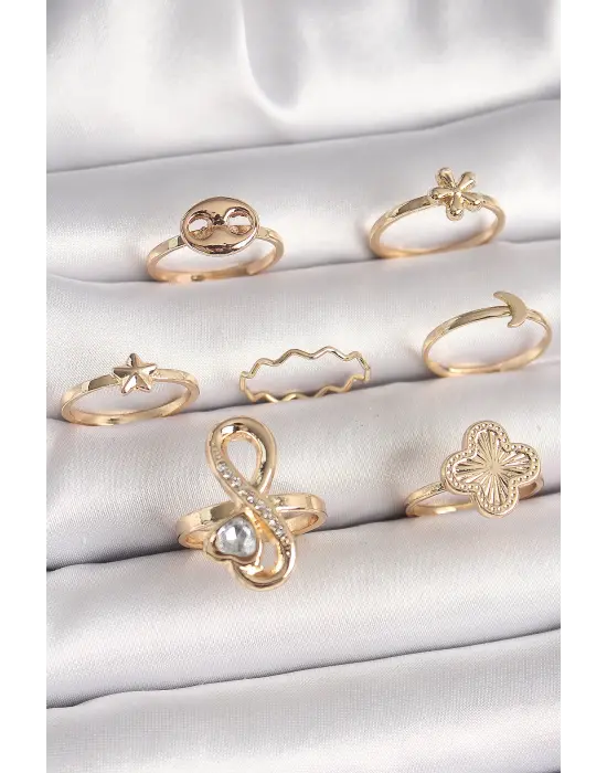 Pirinç Gold Renk Zirkon Taşlı Sonsuzluk Figür Yıldız Detay Kadın Yüzük Kombini