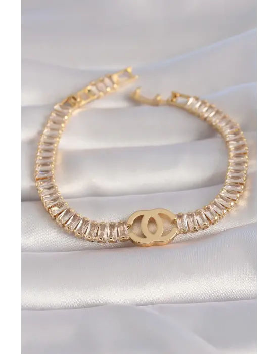 Pirinç Gold Renk Zirkon Taşlı Su Yolu Model VIP Seri Kadın Bileklik