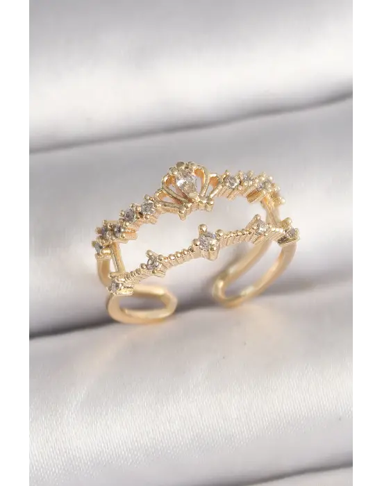 Pirinç Gold Renk Zirkon Taşlı Taç Model Ayarlanabilir Kadın Yüzük