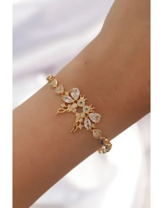 Pirinç Gold Renk Zirkon Taşlı Tinkerbell Figürlü Damla Model Bileklik