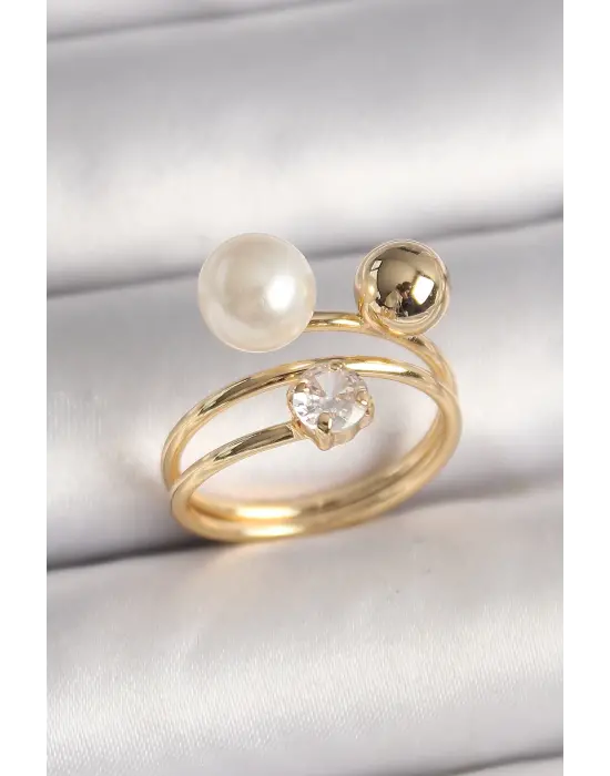 Pirinç Gold Renk Zirkon Taşlı Top İnci Model Kadın Yüzük