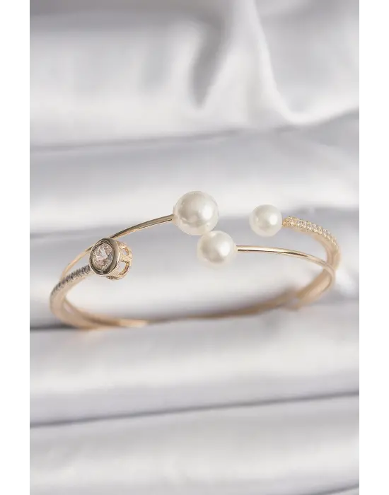 Pirinç Gold Renk Zirkon Taşlı Top İncili Kadın Bileklik