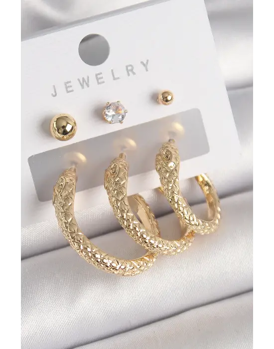  Altın Zirkon Taşlı Topçuk Detay Yılan Halka Model Çelik Küpe Seti