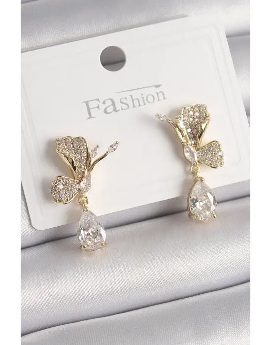  Altın Zirkon Taşlı Turna Kuşu Model Sallantı Detay Çelik Küpe