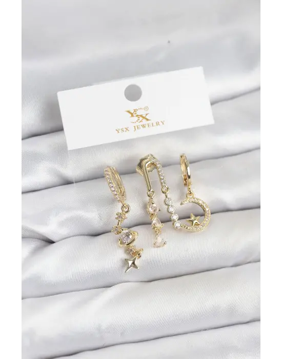 Çelik Gold Renk Zirkon Taşlı Uzay Model YSX Trio Küpe Seti