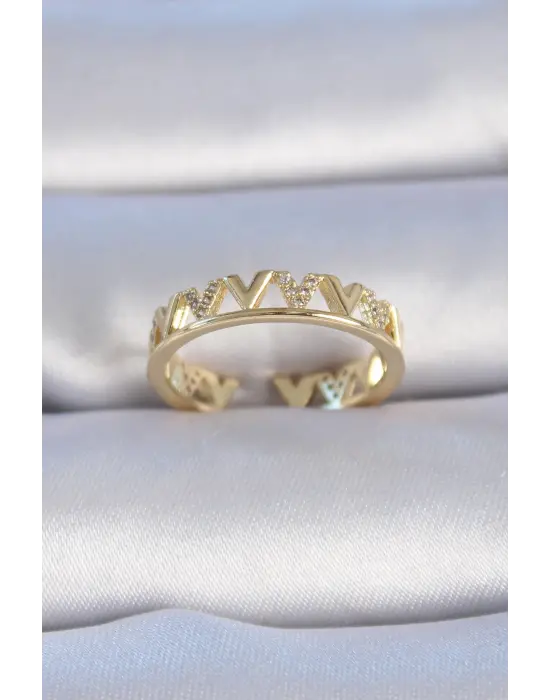  Altın Zirkon Taşlı V Model Çelik Yüzük