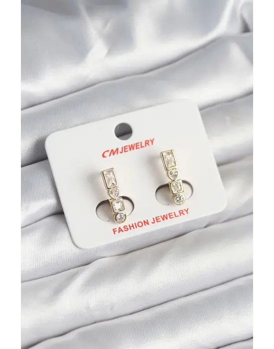 Pirinç Gold Renk Zirkon Taşlı Vintage Kadın Küpe