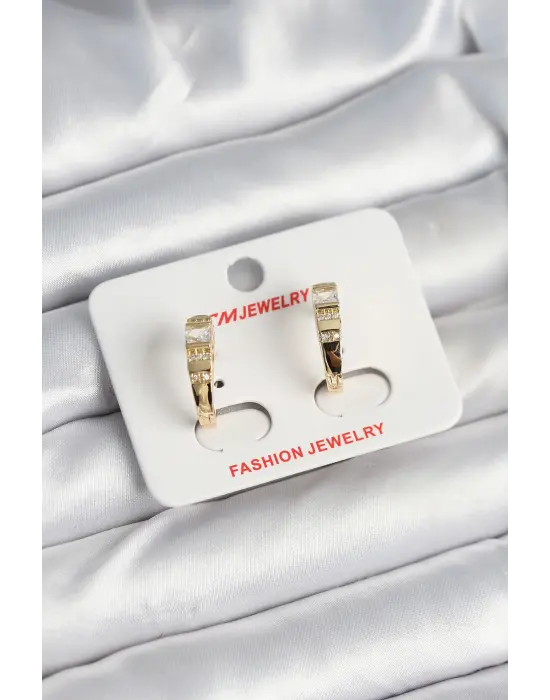 Pirinç Gold Renk Zirkon Taşlı Vintage Kadın Küpe