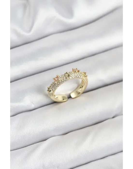 Pirinç Gold Renk Zirkon Taşlı Vintage Kadın Yüzük