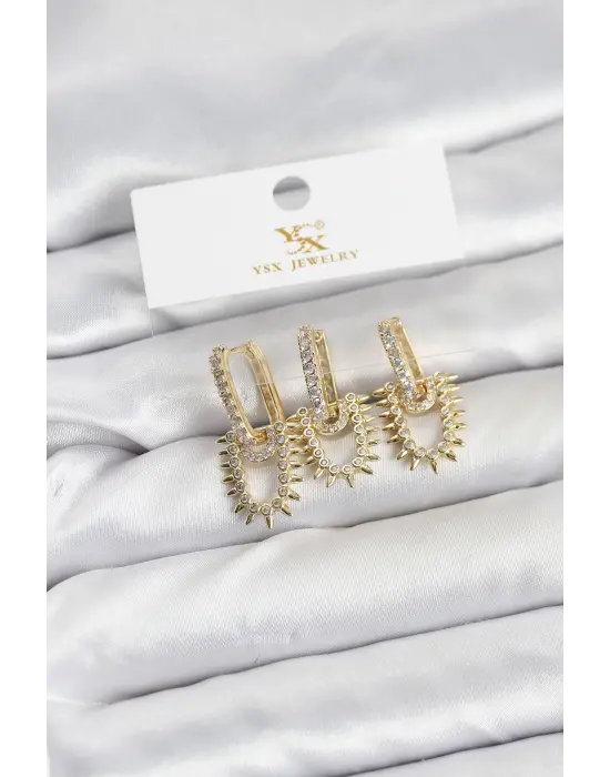 Çelik Gold Renk Zirkon Taşlı Vintage Model YSX Trio Küpe Seti