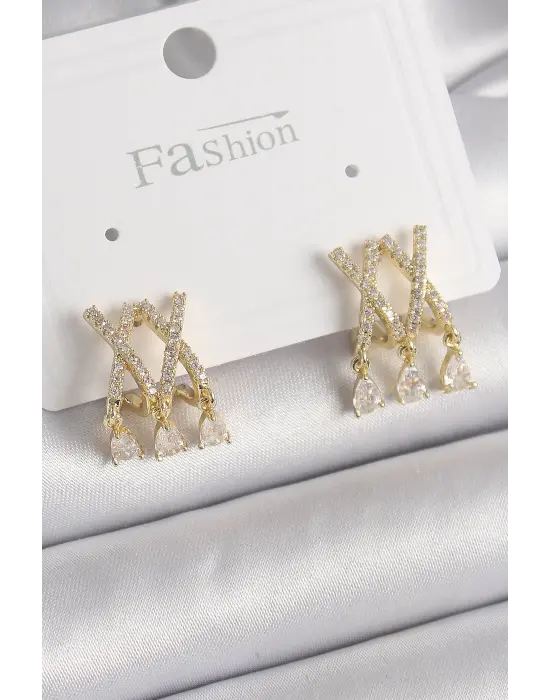  Altın Zirkon Taşlı X Model Sallantı Detay Çelik Küpe