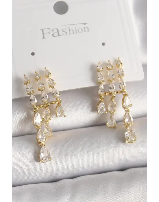  Altın Zirkon Taşlı Yağmur Model Çelik Küpe