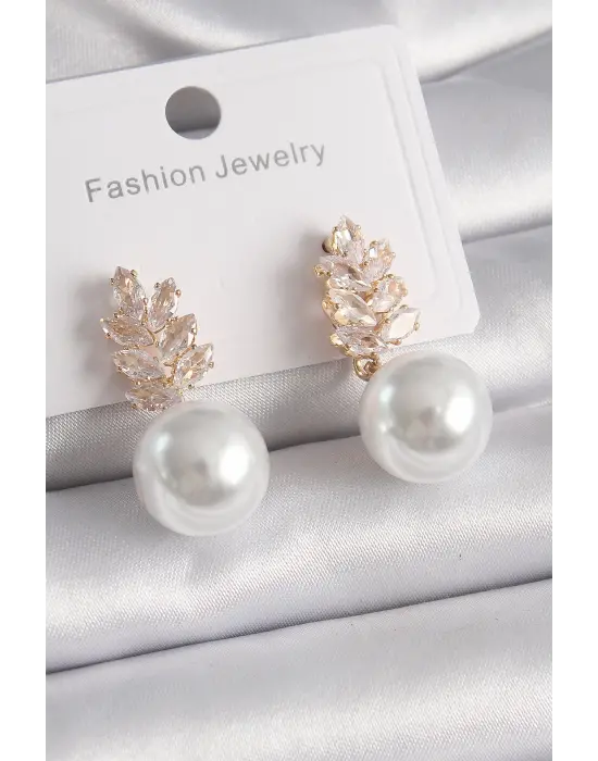  Altın Zirkon Taşlı Yaprak Model İnci Boncuklu Çelik Küpe