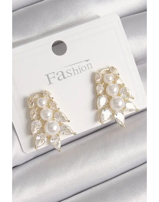  Altın Zirkon Taşlı Yaprak Model İnci Detay Çelik Küpe