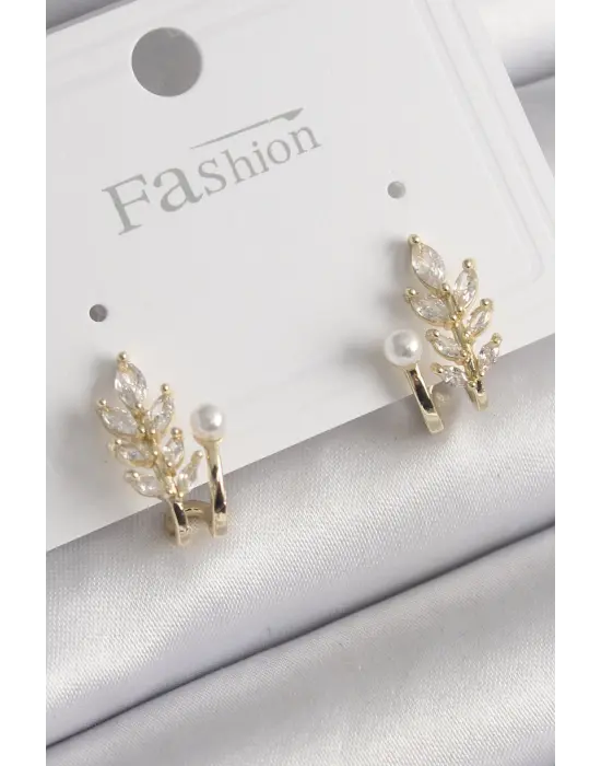  Altın Zirkon Taşlı Yaprak Model İnci Detay Küpe