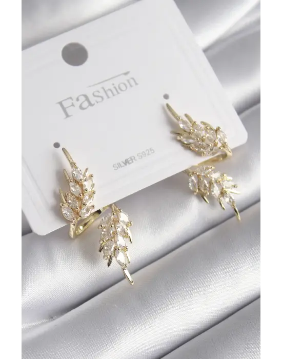  Altın Zirkon Taşlı Yaprak Model Çelik Küpe