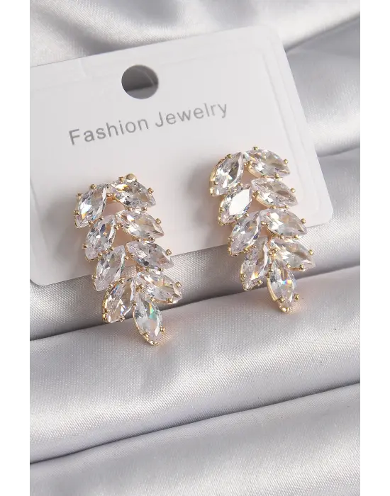  Altın Zirkon Taşlı Yaprak Model Çelik Küpe