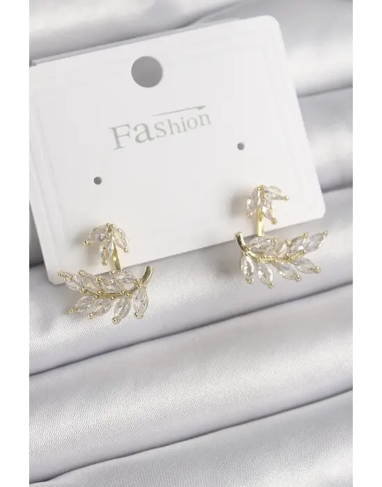  Altın Zirkon Taşlı Yaprak Model Çelik Küpe