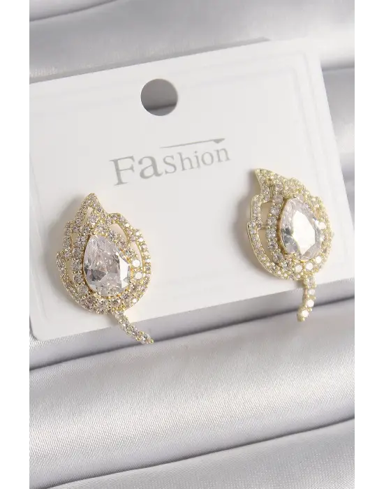  Altın Zirkon Taşlı Yaprak Model Çelik Küpe