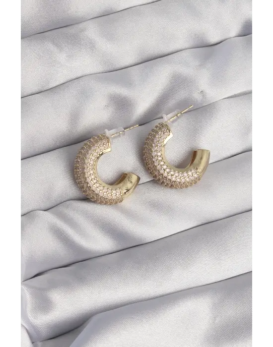  Altın Zirkon Taşlı Yarım Halka Küpe