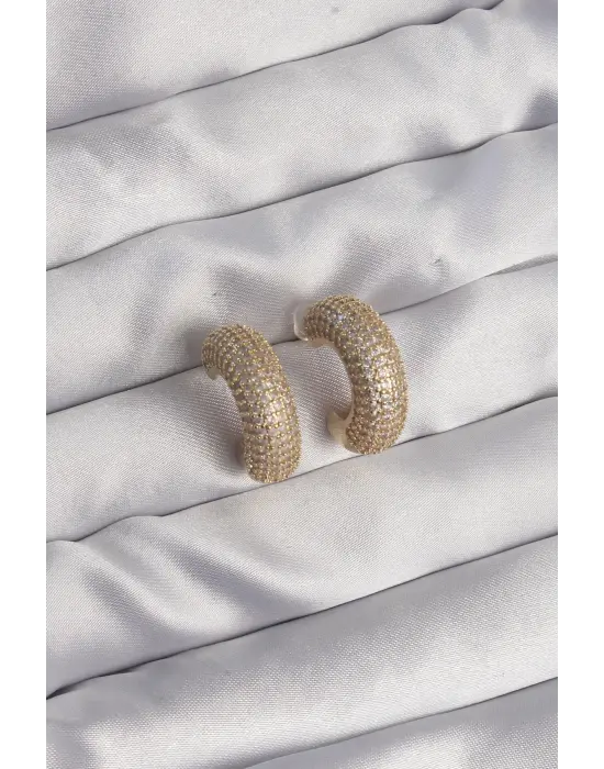  Altın Zirkon Taşlı Yarım Halka Küpe