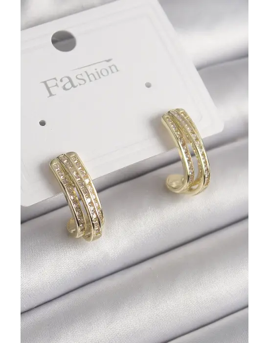  Altın Zirkon Taşlı Yarım Halka Model Çelik Küpe