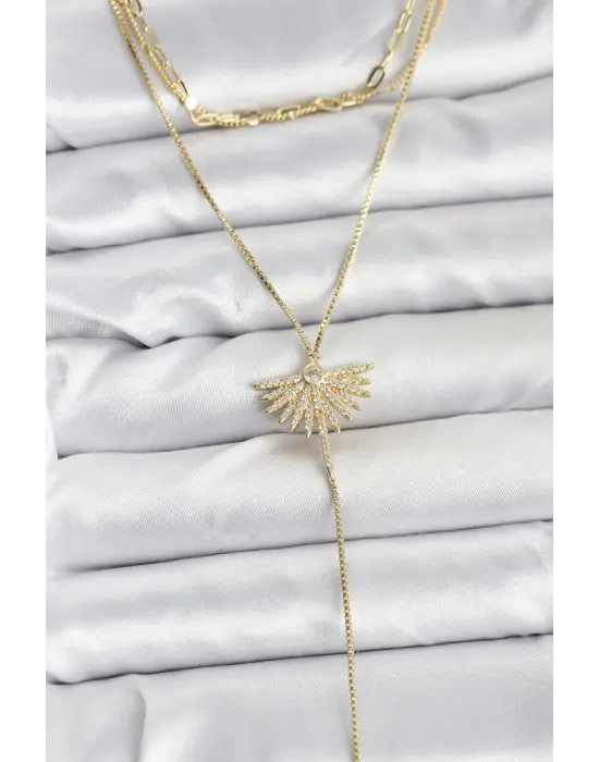 Pirinç Gold Renk Zirkon Taşlı Yelpaze Model Detaylı 3lü Kombin Y Kadın Kolye