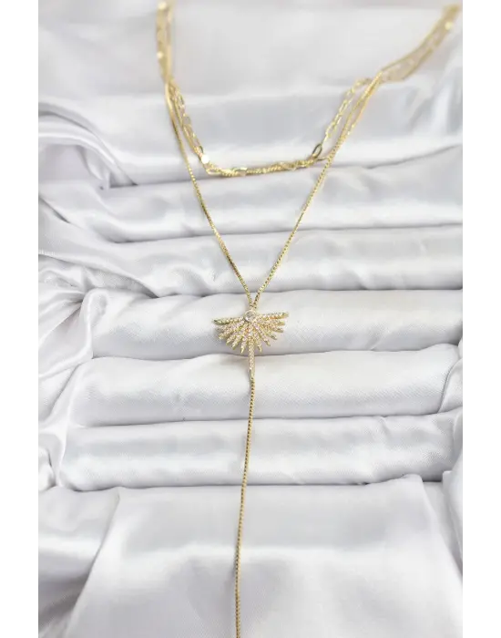 Pirinç Gold Renk Zirkon Taşlı Yelpaze Model Detaylı 3lü Kombin Y Kadın Kolye