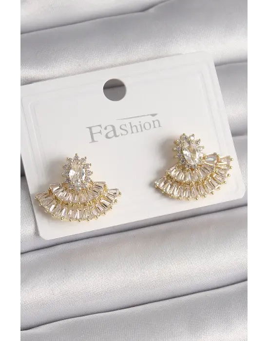  Altın Zirkon Taşlı Yelpaze Model Çelik Küpe