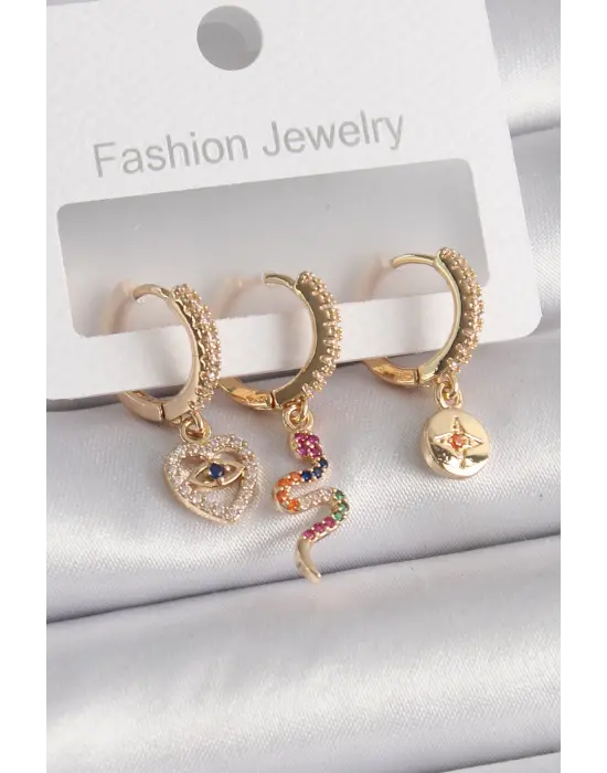  Altın Zirkon Taşlı Yılan Kalp Figür Çelik Küpe