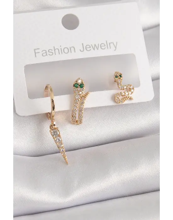  Altın Zirkon Taşlı Yılan Model Çelik Küpe