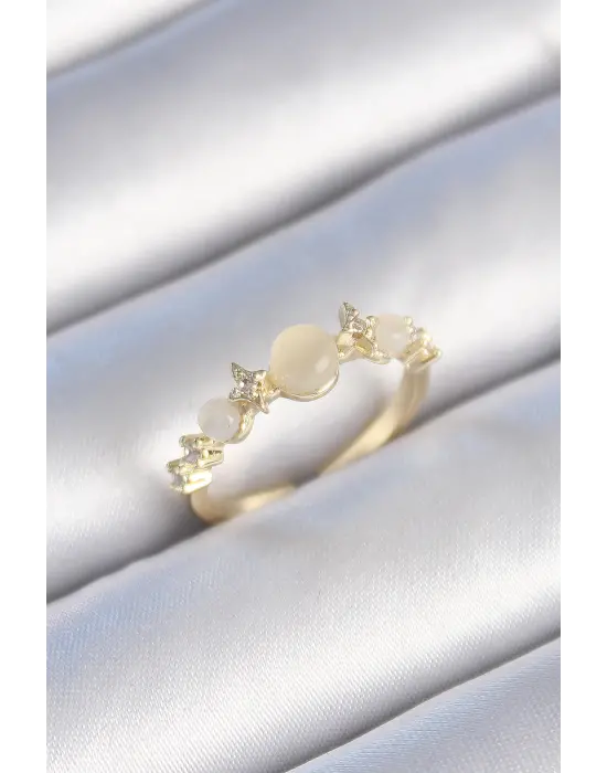  Altın Zirkon Taşlı Yıldız Detay Beyaz Mineli Çelik Yüzük