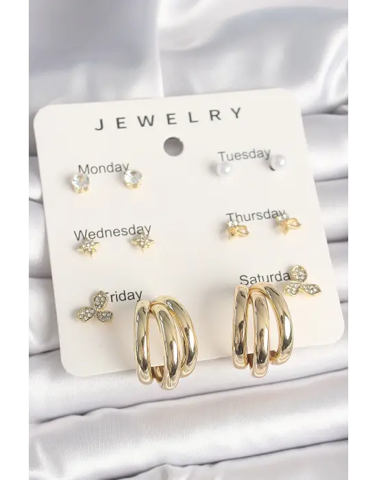 Pirinç Gold Renk Zirkon Taşlı Yıldız Detay Halka Figür 7Li Set Kadın Küpe