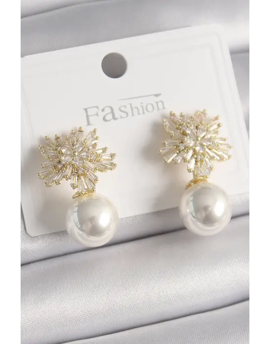  Altın Zirkon Taşlı Yıldız İnci Detay Çelik Küpe