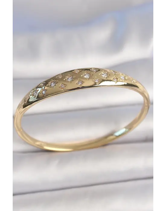 Pirinç Gold Renk Zirkon Taşlı Yıldız İşlemeli Kadın Kelepçe