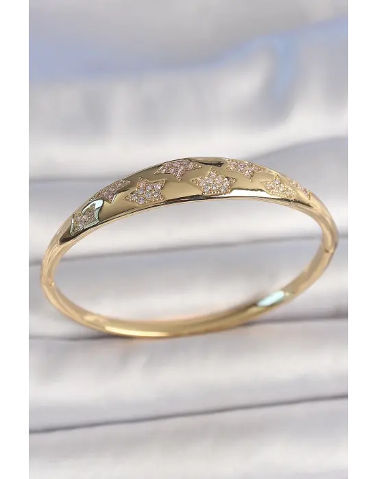 Pirinç Gold Renk Zirkon Taşlı Yıldız İşlemeli Kadın Kelepçe