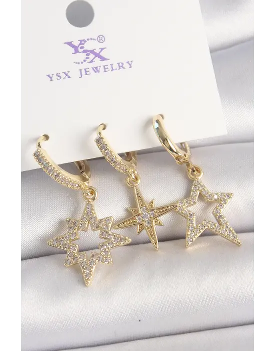 Pirinç Gold Renk Zirkon Taşlı Yıldız Model 3Lü Kadın Kombin Küpe