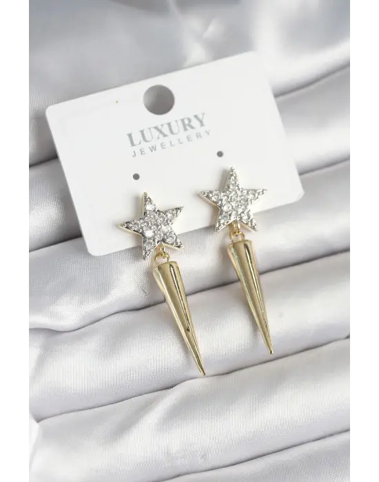 Pirinç Gold Renk Zirkon Taşlı Yıldız Model Çivi Kadın Küpe