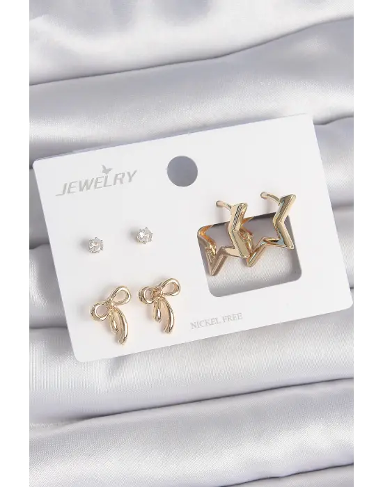 Pirinç Gold Renk Zirkon Taşlı Yıldız Model Fiyonk Detay 3 Çift Kadın Küpe Seti