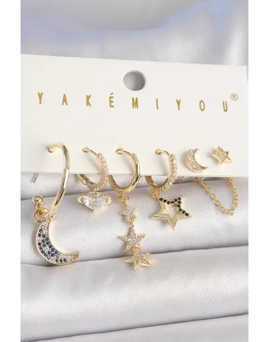 Pirinç Gold Renk Zirkon Taşlı Yıldız Model Hilal Detay 6Lı Kadın Kombin Küpe