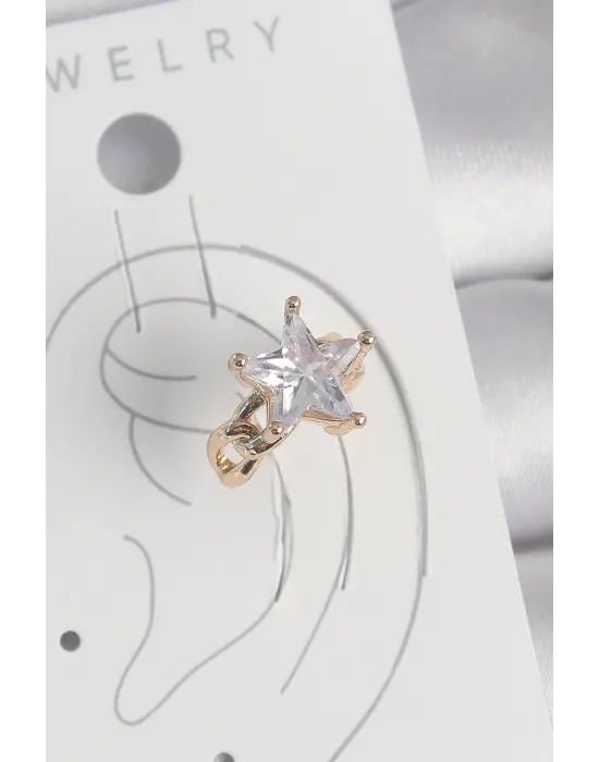 Çelik Gold Renk Zirkon Taşlı Yıldız Model Kadın Kıkırdak Küpe