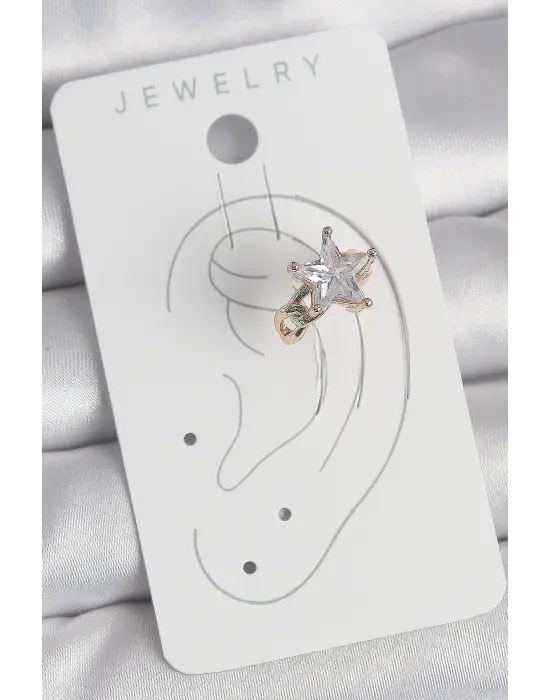 Çelik Gold Renk Zirkon Taşlı Yıldız Model Kadın Kıkırdak Küpe