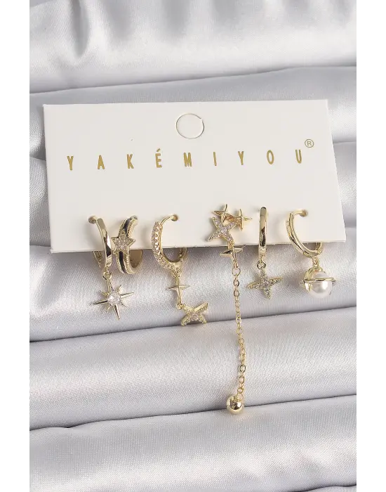  Altın Zirkon Taşlı Yıldız Model Çelik Küpe Kombini