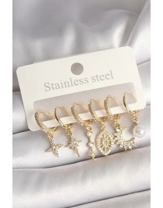 Pirinç Gold Renk Zirkon Taşlı Yıldız Model Kadın Küpe Seti