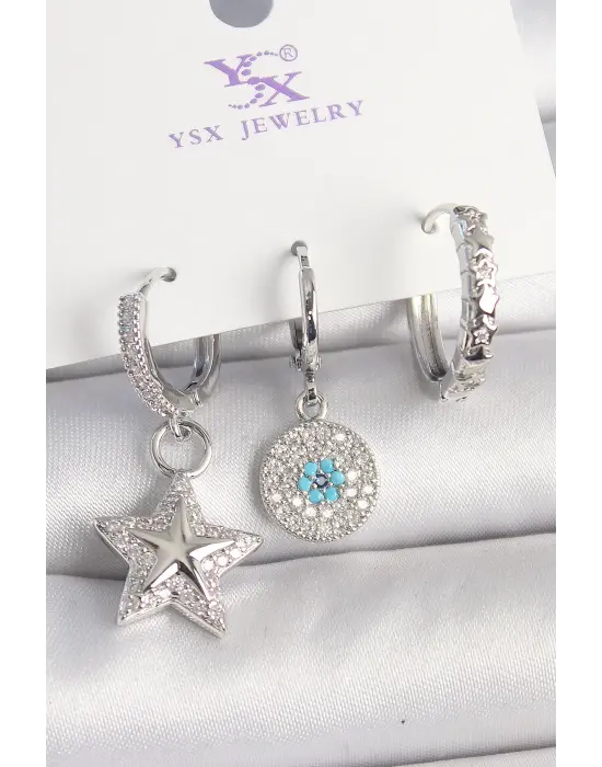 Pirinç Gold Renk Zirkon Taşlı Yıldız Model Nazar Boncuk Detay 3Lü Kadın Kombin Küpe