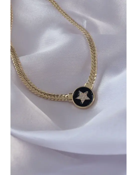 Pirinç Altın  Zirkon Taşlı Yıldız Model Siyah Mineli Ezme Zincirli Serenay Çelik Kolyesi
