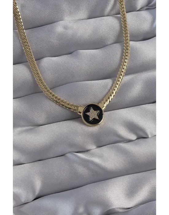 Pirinç Altın  Zirkon Taşlı Yıldız Model Siyah Mineli Ezme Zincirli Serenay Çelik Kolyesi