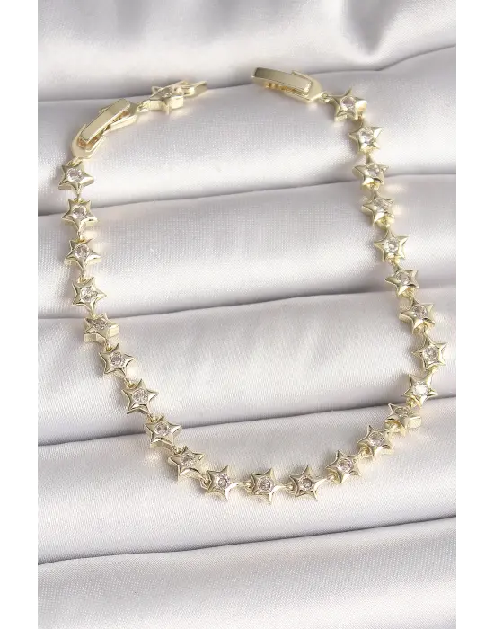 Pirinç Gold Renk Zirkon Taşlı Yıldız Model VIP Seri Kadın Bileklik