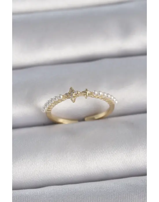  Altın Zirkon Taşlı Yıldız Sıralı İncili Ayarlanabilir Model Çelik Yüzük